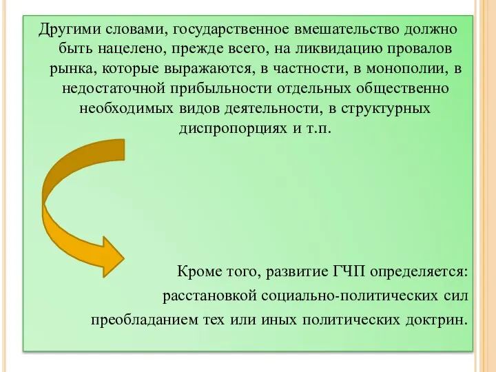 Другими словами, государственное вмешательство должно быть нацелено, прежде всего, на ликвидацию