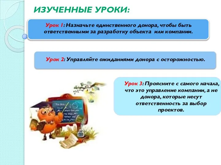 ИЗУЧЕННЫЕ УРОКИ: Урок 1: Назначьте единственного донора, чтобы быть ответственными за