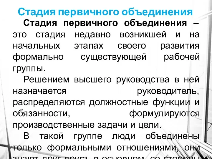 Стадия первичного объединения Стадия первичного объединения – это стадия недавно возникшей