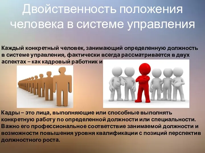 Двойственность положения человека в системе управления Кадры – это лица, выполняющие