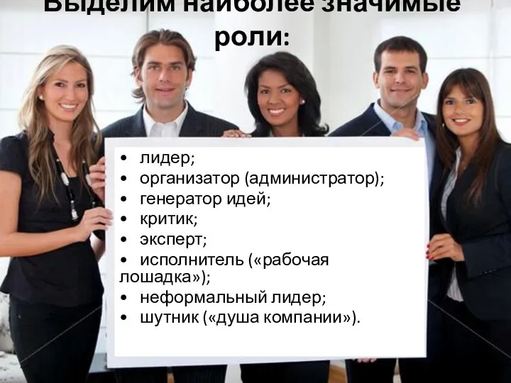 Выделим наиболее значимые роли: • лидер; • организатор (администратор); • генератор