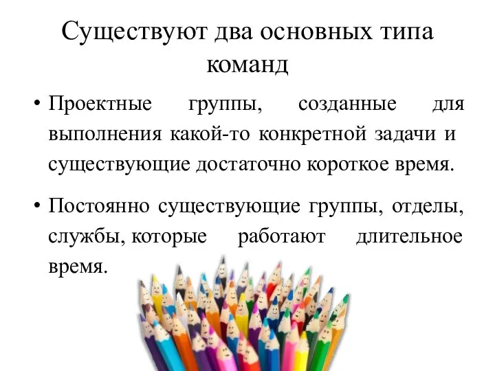 Существуют два основных типа команд Проектные группы, созданные для выполнения какой-то