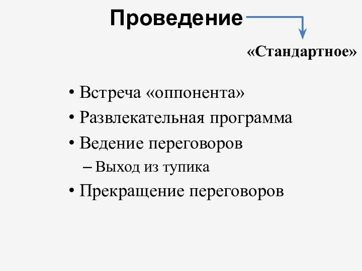 Встреча «оппонента» Развлекательная программа Ведение переговоров Выход из тупика Прекращение переговоров Проведение «Стандартное»