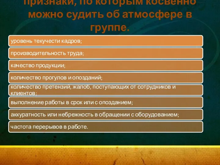 признаки, по которым косвенно можно судить об атмосфере в группе.