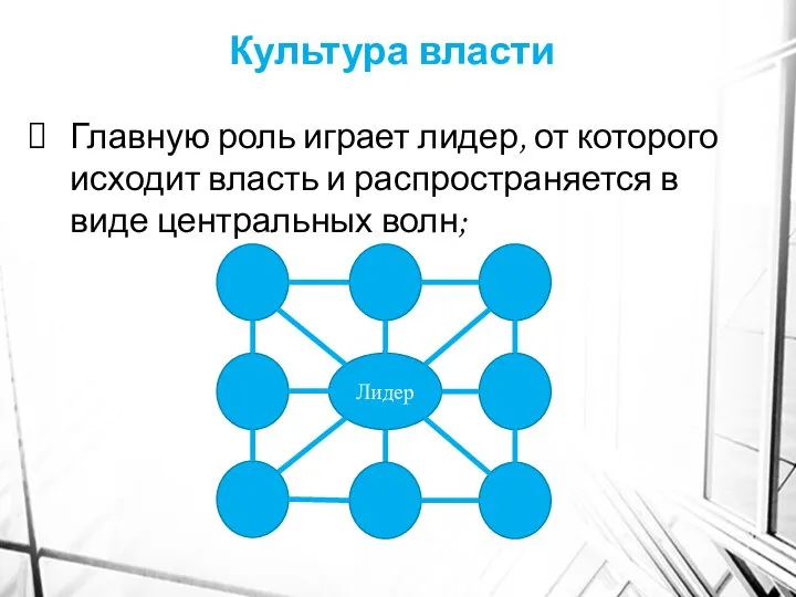 Главную роль играет лидер, от которого исходит власть и распространяется в виде центральных волн; Культура власти