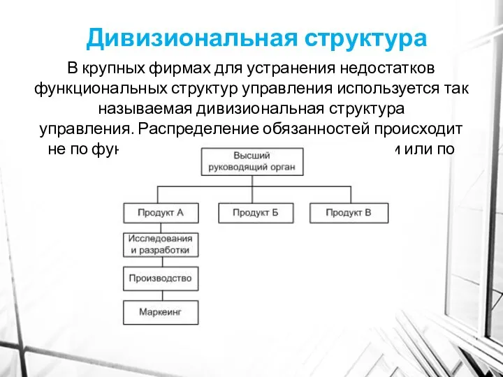 Дивизиональная структура В крупных фирмах для устранения недостатков функциональных структур управления