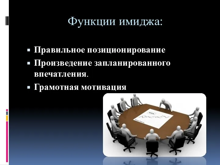 Функции имиджа: Правильное позиционирование Произведение запланированного впечатления. Грамотная мотивация