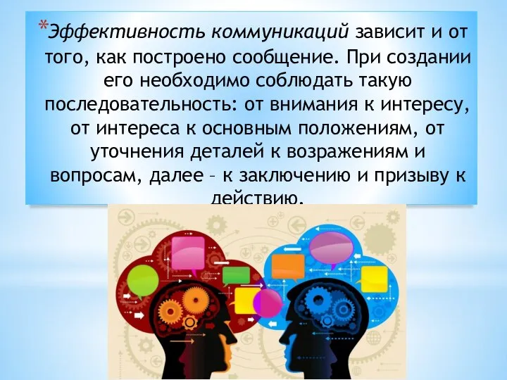 Эффективность коммуникаций зависит и от того, как построено сообщение. При создании