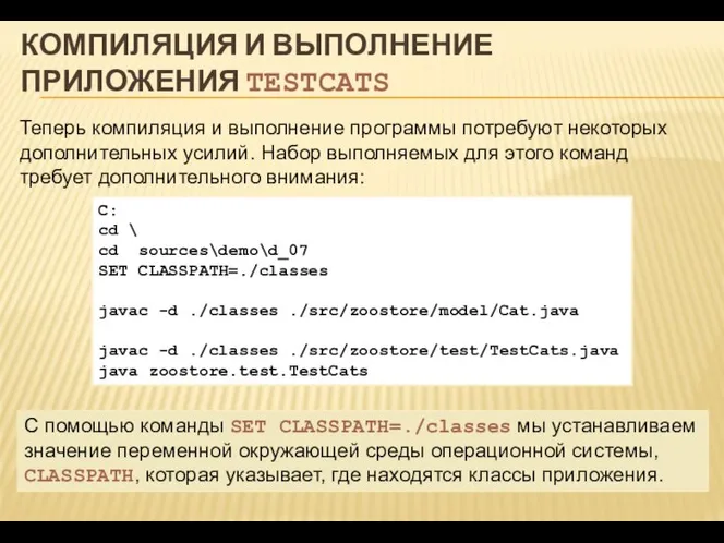 КОМПИЛЯЦИЯ И ВЫПОЛНЕНИЕ ПРИЛОЖЕНИЯ TESTCATS Теперь компиляция и выполнение программы потребуют