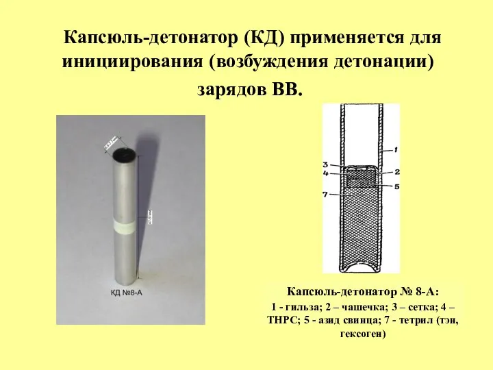 Капсюль-детонатор (КД) применяется для инициирования (возбуждения детонации) зарядов ВВ.