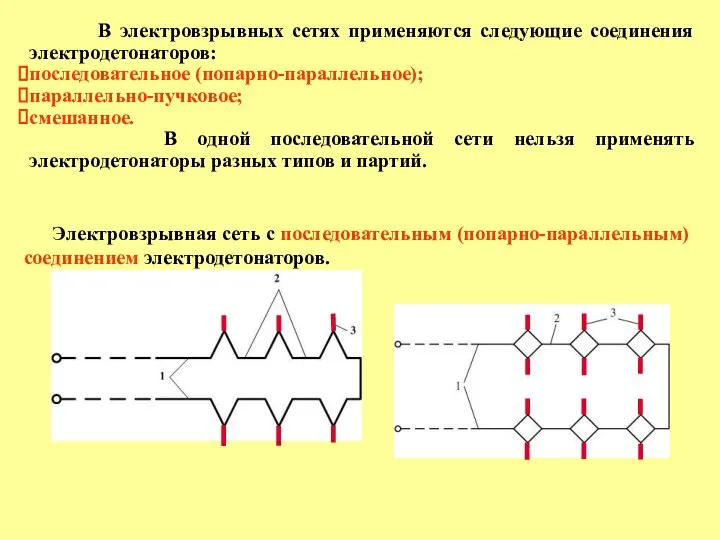 В электровзрывных сетях применяются следующие соединения электродетонаторов: последовательное (попарно-параллельное); параллельно-пучковое; смешанное.