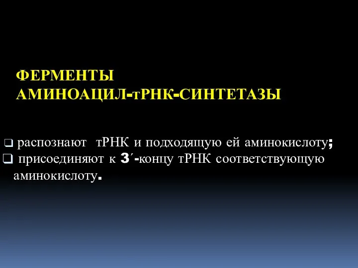 ФЕРМЕНТЫ АМИНОАЦИЛ-тРНК-СИНТЕТАЗЫ распознают тРНК и подходящую ей аминокислоту; присоединяют к 3΄-концу тРНК соответствующую аминокислоту.