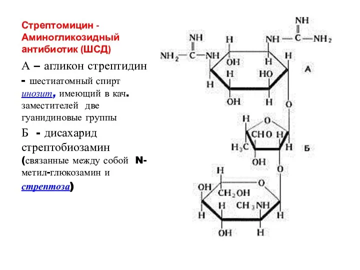 Стрептомицин - Аминогликозидный антибиотик (ШСД) А – агликон стрептидин - шестиатомный