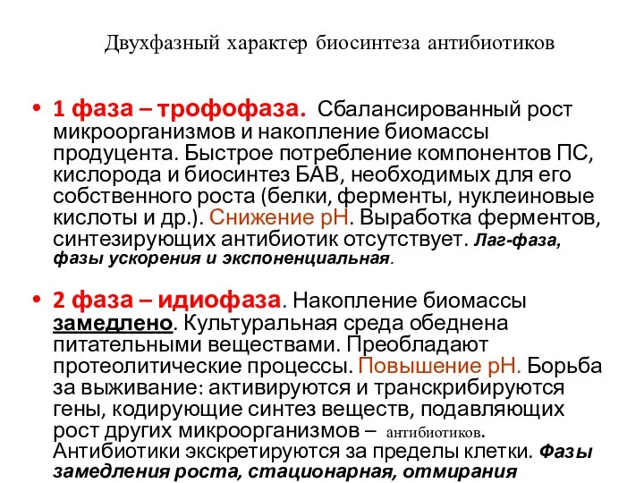 Двухфазный характер биосинтеза антибиотиков 1 фаза – трофофаза. Сбалансированный рост микроорганизмов