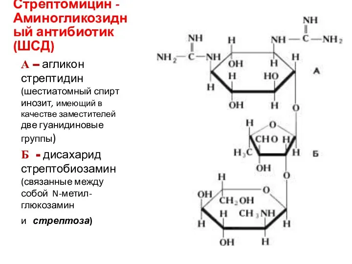 Стрептомицин - Аминогликозидный антибиотик (ШСД) А – агликон стрептидин (шестиатомный спирт