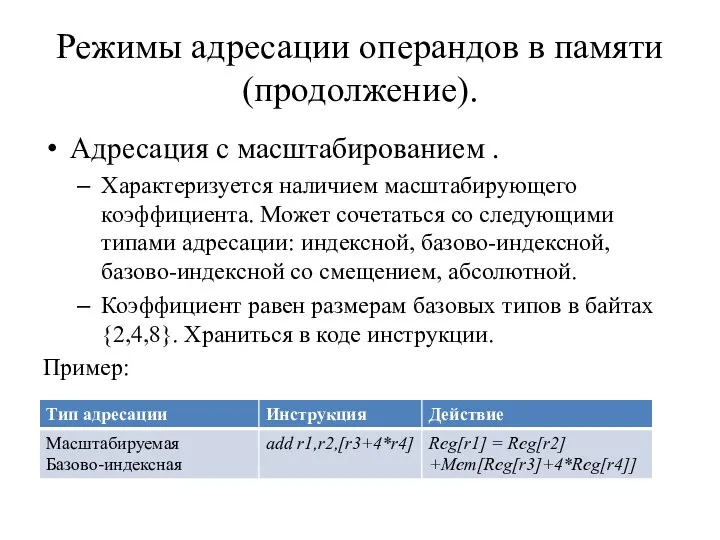 Режимы адресации операндов в памяти (продолжение). Адресация с масштабированием . Характеризуется