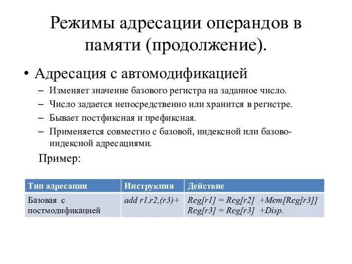 Режимы адресации операндов в памяти (продолжение). Адресация с автомодификацией Изменяет значение