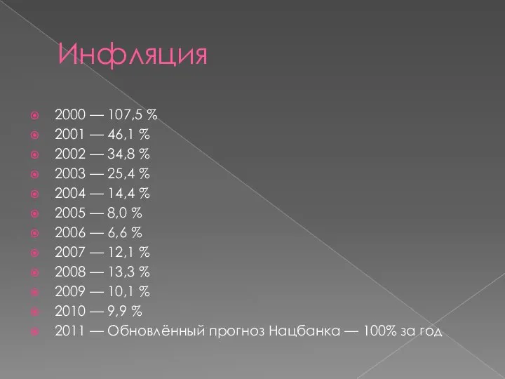 Инфляция 2000 — 107,5 % 2001 — 46,1 % 2002 —