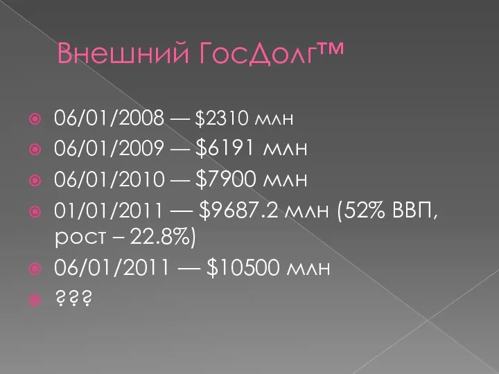 Внешний ГосДолг™ 06/01/2008 — $2310 млн 06/01/2009 — $6191 млн 06/01/2010