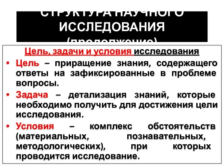 СТРУКТУРА НАУЧНОГО ИССЛЕДОВАНИЯ (продолжение) Цель, задачи и условия исследования Цель –