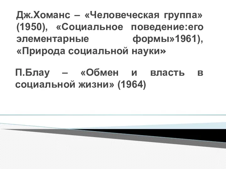 Дж.Хоманс – «Человеческая группа» (1950), «Социальное поведение:его элементарные формы»1961), «Природа социальной