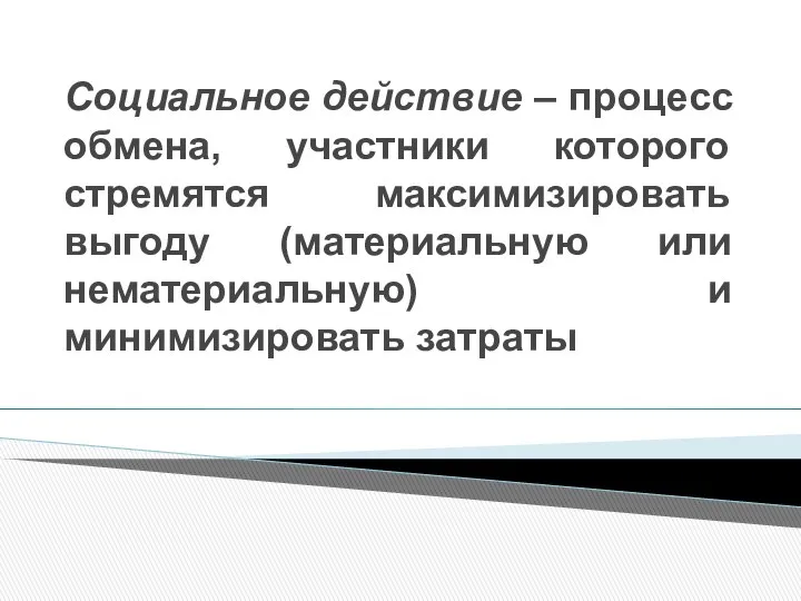 Социальное действие – процесс обмена, участники которого стремятся максимизировать выгоду (материальную или нематериальную) и минимизировать затраты