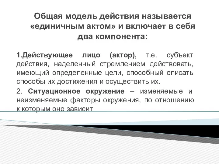 Общая модель действия называется «единичным актом» и включает в себя два