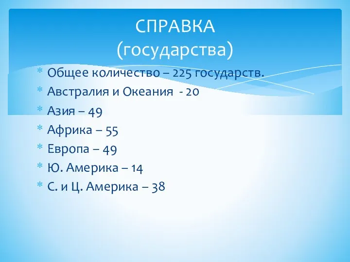 Общее количество – 225 государств. Австралия и Океания - 20 Азия