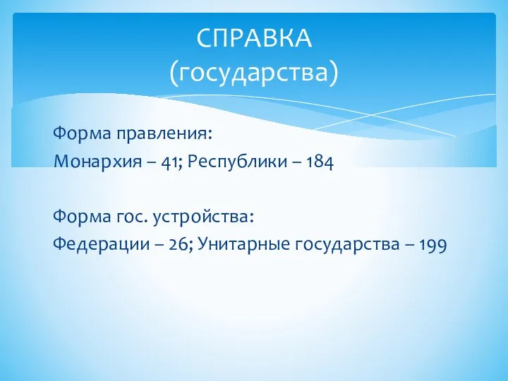 Форма правления: Монархия – 41; Республики – 184 Форма гос. устройства: