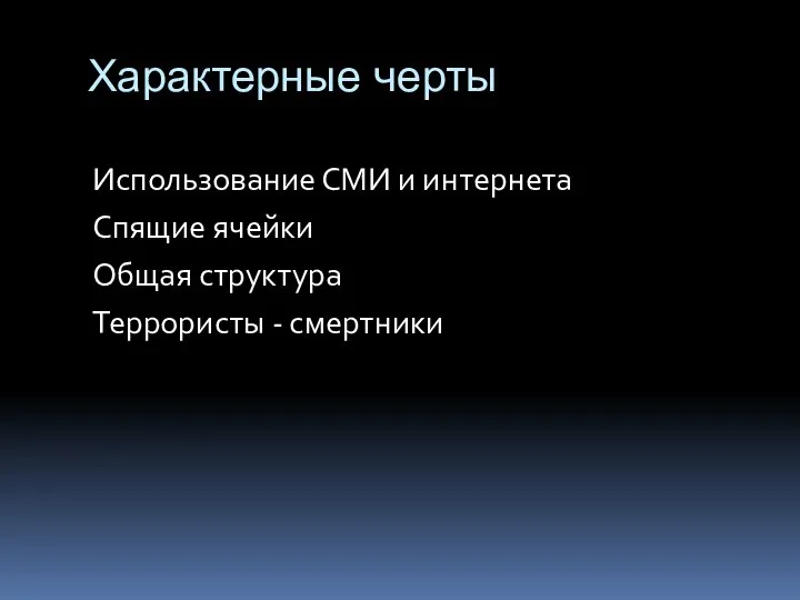 Характерные черты Использование СМИ и интернета Спящие ячейки Общая структура Террористы - смертники