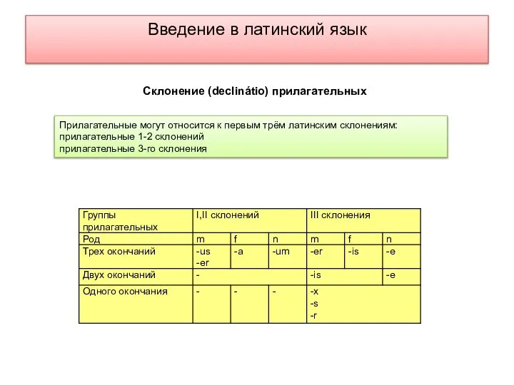 Введение в латинский язык Прилагательные могут относится к первым трём латинским