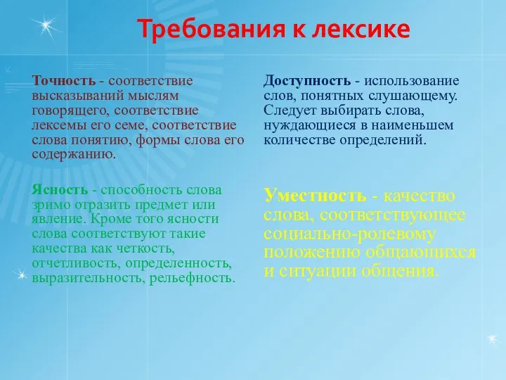 Требования к лексике Точность - соответствие высказываний мыслям говорящего, соответствие лексемы