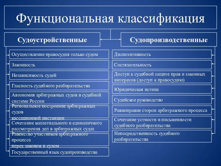 Функциональная классификация Судопроизводственные Судоустройственные Осуществление правосудия только судом Автономия арбитражных судов