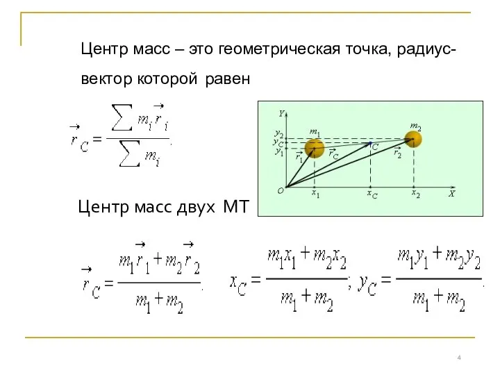Центр масс – это геометрическая точка, радиус-вектор которой равен Центр масс двух МТ