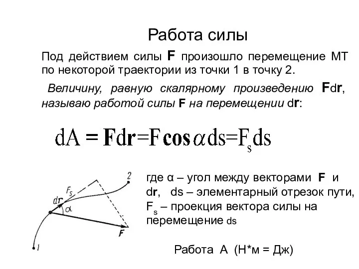 Работа силы Под действием силы F произошло перемещение МТ по некоторой