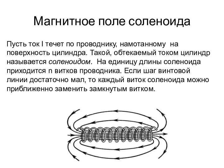 Магнитное поле соленоида Пусть ток I течет по проводнику, намотанному на