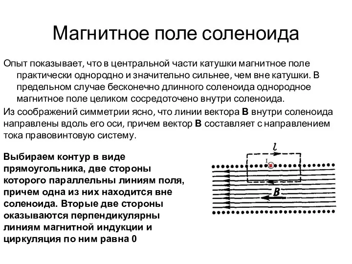 Магнитное поле соленоида Опыт показывает, что в центральной части катушки магнитное