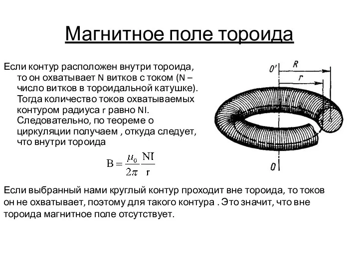 Магнитное поле тороида Если контур расположен внутри тороида, то он охватывает