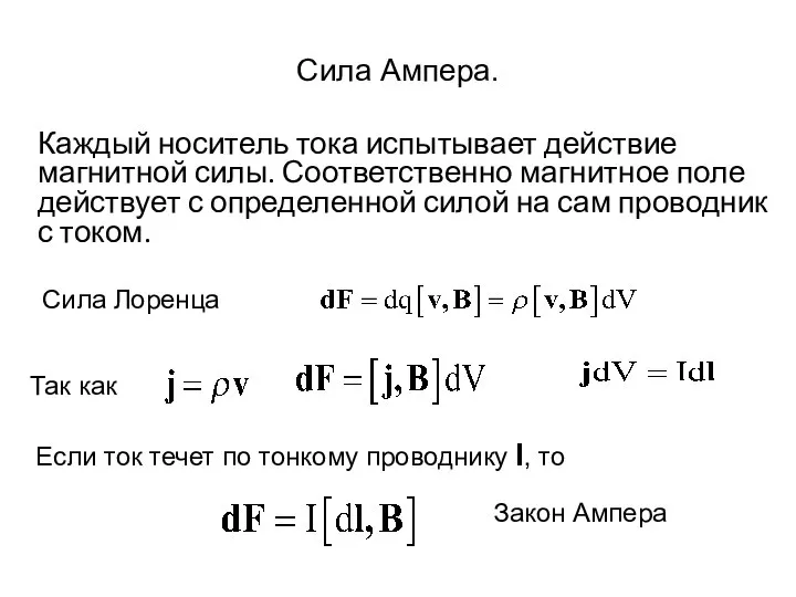 Сила Ампера. Каждый носитель тока испытывает действие магнитной силы. Соответственно магнитное