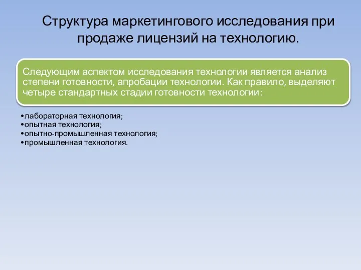 Следующим аспектом исследования технологии является анализ степени готовности, апробации технологии. Как