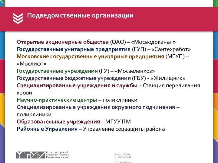 Подведомственные организации Открытые акционерные общества (ОАО) – «Мосводоканал» Государственные унитарные предприятия