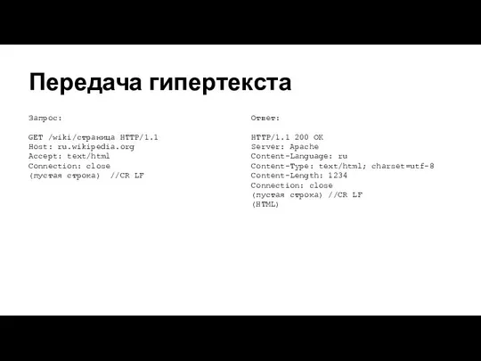 Передача гипертекста Запрос: GET /wiki/страница HTTP/1.1 Host: ru.wikipedia.org Accept: text/html Connection: