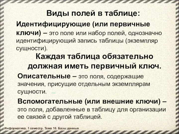 Виды полей в таблице: Описательные – это поля, содержащие значения, присущие