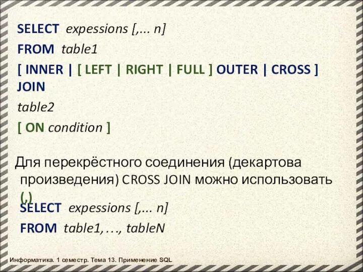 Информатика. 1 семестр. Тема 13. Применение SQL SELECT expessions [,... n]