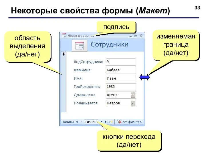 Некоторые свойства формы (Макет) подпись кнопки перехода (да/нет) область выделения (да/нет) изменяемая граница (да/нет)