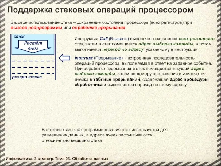 Информатика. 2 семестр. Тема 03. Обработка данных Поддержка стековых операций процессором