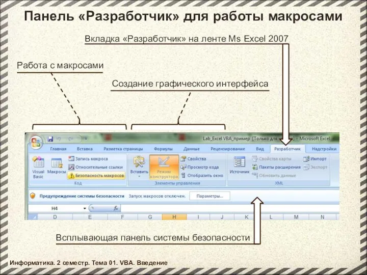 Панель «Разработчик» для работы макросами Вкладка «Разработчик» на ленте Ms Excel