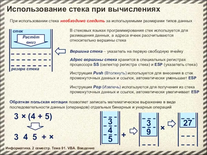 Информатика. 2 семестр. Тема 01. VBA. Введение Использование стека при вычислениях