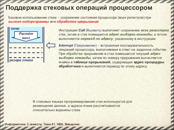 Информатика. 2 семестр. Тема 01. VBA. Введение Поддержка стековых операций процессором