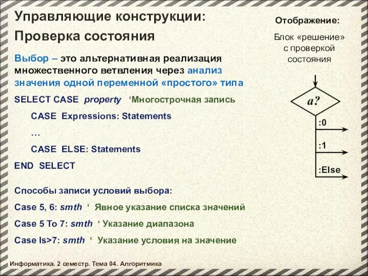 Управляющие конструкции: Информатика. 2 семестр. Тема 04. Алгоритмика Блок «решение» с